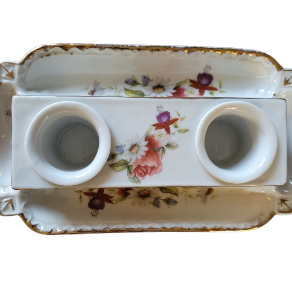 Vintage Limoge China Floral Porcelain Double Ink Well - Picture 4 of 12